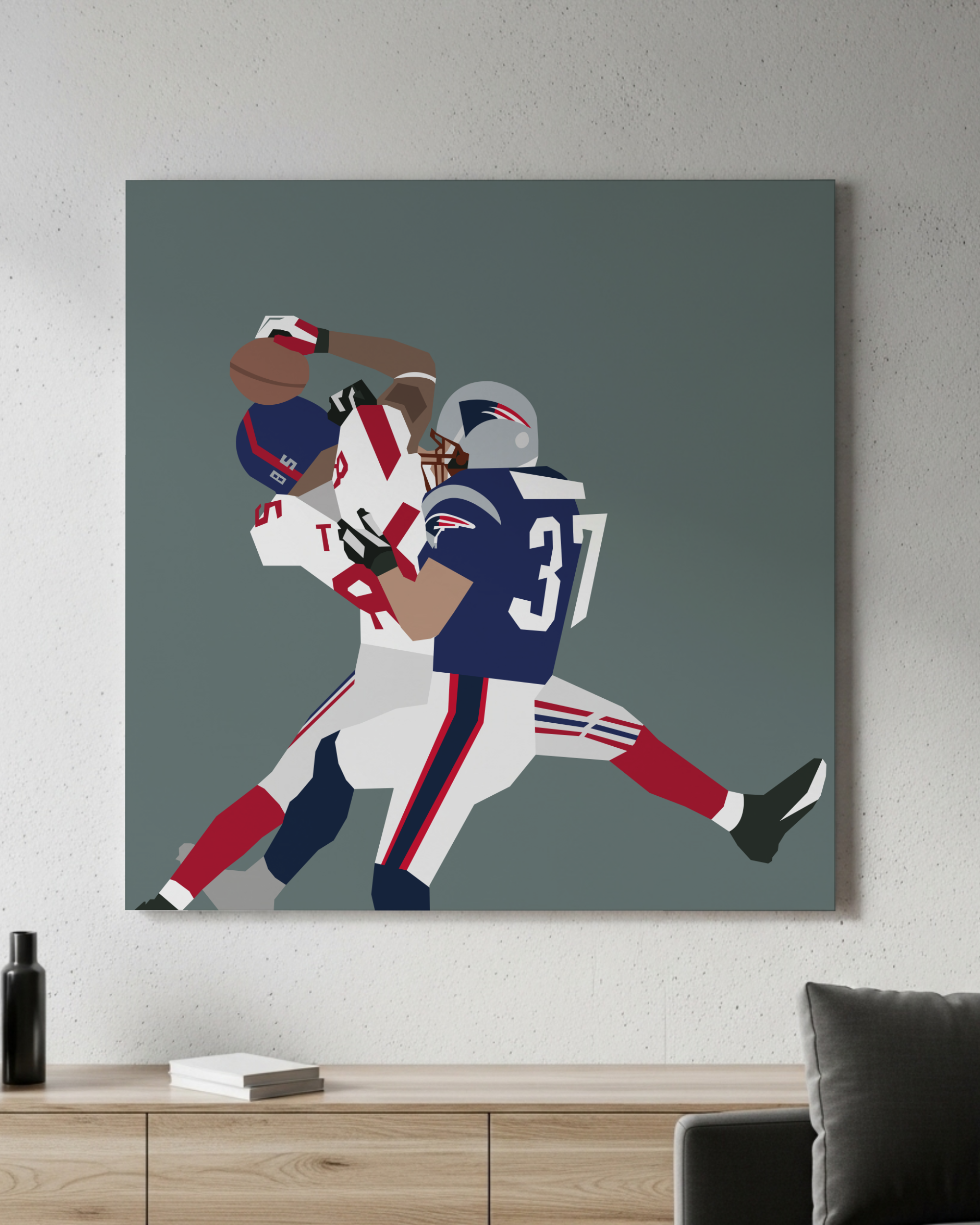 Large scale David Tyree Helmet Catch statement art, 40x40 inch premium white metal wall decor for modern living rooms and gallery spaces.